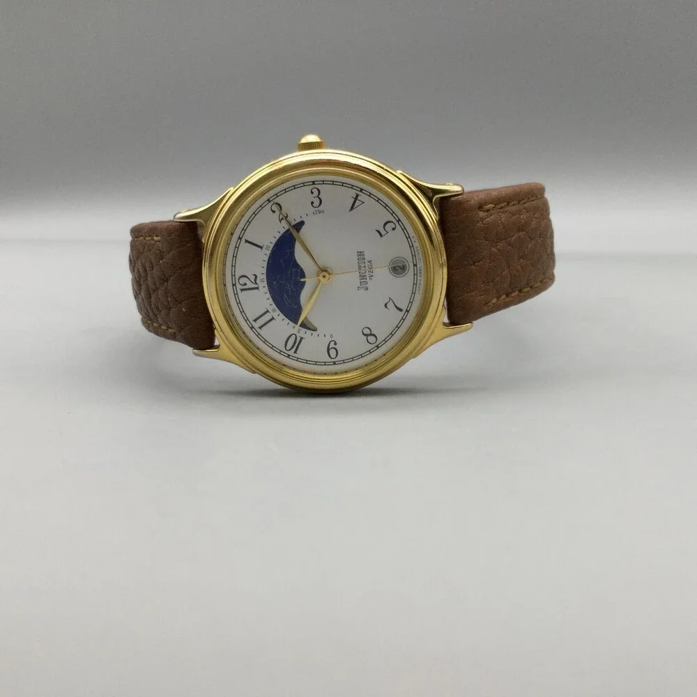 Vintage VEGA Junction Mens Watch 31mm Moon Phase Brown Leather Date New Battery